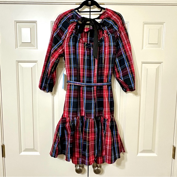 NWT Draper James 3/4 Sleeved Red Plaid Tiered Open Bow Back Dress Size Small - Picture 7 of 10